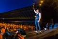 KYIV, UKRAINE - JUNE 21: Svyatoslav Vakarchuk and crowd on concert of Okean Elzy on JUNE 21 2014 in NSC Olimpiyskiy. Final