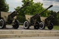 KYIV, UKRAINE - JUNE 1, 2017, Three soviet howitzer weapons standing outside in Second World War museum in Kyiv, Ukraine