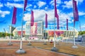 View of National Olympic stadium NSC Olimpiysky facade during UEFA EURO 2012 and Troitska Square, Kyiv, Ukraine