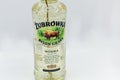 Zubrowka Bison Grass vodka bottle closeup against white bacground