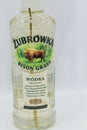 Zubrowka Bison Grass vodka bottle closeup against white bacground