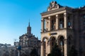 Kyiv, Ukraine, 31 MAR 2019: Cityscape skyline of Kiev on Independence Square Maidan Nezalezhnosti, globe and Kyivmiskbud Royalty Free Stock Photo