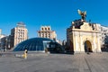 Kyiv, Ukraine, 31 MAR 2019: Cityscape skyline of Kiev on Independence Square Maidan Nezalezhnosti, globe and Kyivmiskbud Royalty Free Stock Photo