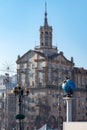 Kyiv, Ukraine, 31 MAR 2019: Cityscape skyline of Kiev on Independence Square Maidan Nezalezhnosti, globe and Kyivmiskbud Royalty Free Stock Photo