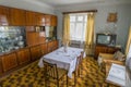Kyiv, Ukraine - 14 Mar 2021: Old Soviet interior 50-70s style, USSR. Room with vintage furniture, aged table, chairs, sofa, decor