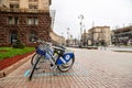 Kyiv, Ukraine - March, 22, 2020: Bicycle rental near Kiev City Council. Without people