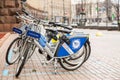 Kyiv, Ukraine - March, 22, 2020: Bicycle rental near Kiev City Council. Without people.