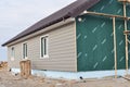 Building house with wall insulation, waterpfoof membrane, plastic siding, guttering and foundation insulation with styrofoam.