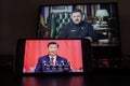 Kyiv, Ukraine - March 16 2023: Chinese president Xi Jinping on the phone screen and Volodymyr Zelenskyy the president of Ukraine Royalty Free Stock Photo