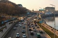 Concept of traffic jams in the big city. Traffic jam with rows of cars on motorway in the week-end