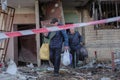 2022 Russian invasion of Ukraine bombed building destroyed war refugees. Rocket bomb attack Russia against Ukraine war