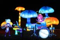 Traditional chinese lanterns festival. Cartoon drumming insects and giant mushrooms