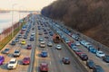 Traffic jam with rows of cars on motorway in the week-end day in Kyiv Royalty Free Stock Photo