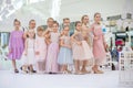 Kyiv, Ukraine March 03.2019. UKFW. Ukrainian Kids Fashion Day. little model girls defile on the podium at the fashion show Royalty Free Stock Photo