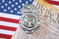 KYIV, UKRAINE - MARCH 9, 2024 US Army Military Police badge with United States Constitution on flag Royalty Free Stock Photo