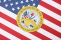KYIV, UKRAINE - MARCH 9, 2024 US Department of Army seal on United States of America flag Royalty Free Stock Photo