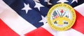 KYIV, UKRAINE - MARCH 9, 2024 US Department of Army seal on United States of America flag Royalty Free Stock Photo