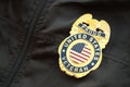 KYIV, UKRAINE - MARCH 9, 2024 US Proud Veteran badge on black jacket uniform Royalty Free Stock Photo