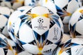 Kyiv, Ukraine- May 24, 2018: Balls with logo UEFA Champions League in UEFA Champions League Superstore Royalty Free Stock Photo