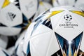 Kyiv, Ukraine- May 24, 2018: Balls with logo UEFA Champions League in UEFA Champions League Superstore Royalty Free Stock Photo