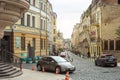 Cars and pedestrians Vozdvizhenska street Royalty Free Stock Photo