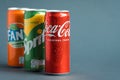 Close up shot of classic Coca-Cola, Sprite and Fanta cans on the grey background. Popular products of The