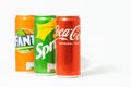 KYIV, UKRAINE - May 12: Close up shot of classic Coca-Cola, Sprite and Fanta cans on the white background. Popular products of The