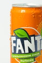 Close up shot of classic Fanta orange can on the white background. Popular product of The Coca-Cola Royalty Free Stock Photo