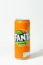 KYIV, UKRAINE - May 12: Close up shot of classic Fanta orange can on the white background. Popular product of The Coca-Cola