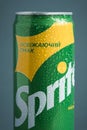 KYIV, UKRAINE - May 09: Close up shot of classic Sprite green can on the grey background. Popular product of The Coca-Cola company