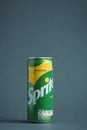 KYIV, UKRAINE - May 09: Close up shot of classic Sprite green can on the grey background. Popular product of The Coca-Cola company
