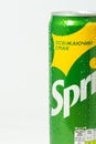 KYIV, UKRAINE - May 12: Close up shot of classic Sprite green can on the white background. Popular product of The Coca-Cola