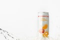 KYIV, UKRAINE - May 13: Close up shot of water splash over Morshynska orange flavored drink can on the white background. Popular Royalty Free Stock Photo
