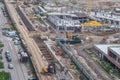 Construction of subway tunnels in trenches in new residential buildings. Aerial view