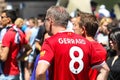 A fan of the Liverpool football club in a Steven Gerrard T-shirt during the 2018 UEFA Champions League final match Real Madrid Ã¢â¬â Royalty Free Stock Photo