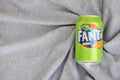 KYIV, UKRAINE - 4 MAY, 2023: Fanta soft drink brand tin can with exotic flavour