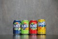 KYIV, UKRAINE - 4 MAY, 2023: Fanta soft drink brand tin cans with various flavours