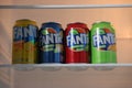 KYIV, UKRAINE - 4 MAY, 2023: Fanta soft drink brand tin cans with various flavours