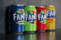 KYIV, UKRAINE - 4 MAY, 2023: Fanta soft drink brand tin cans with various flavours