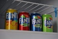 KYIV, UKRAINE - 4 MAY, 2023: Fanta soft drink brand tin cans with various flavours