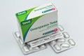 Omeprazole generic drug box by Teva closeup against white