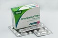 Omeprazole generic drug box by Teva closeup against white