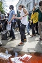 KYIV, UKRAINE - May 21 2021: man is dancing on a protest action against police`s abuse of power. The protesters demand an end to