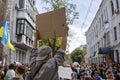 KYIV, UKRAINE - May 21 2021: man holding a poster on a protest action against police`s abuse of power. The protesters demand an