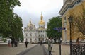 View of the Assumption Cathedral in Kiev Pechersk Lavra in the spring. People in the territory of the laurels