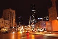 KYIV, UKRAINE - MAY 22, 2019:  of night city with illuminated buildings and road traffic Royalty Free Stock Photo