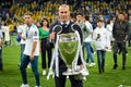 KYIV, UKRAINE - MAY 26, 2018: Zinedine Zidane celebrates and holds the UEFA Champions League trophy during the 2018 UEFA Champion
