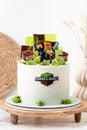 KYIV, UKRAINE - November 15: Birthday cake for a Minecraft video game fanboy decorated with transparent caramel candies, edible