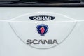 Kyiv, Ukraine - November 7, 2019: Close-up of Scania logo on Scania Oghab bus