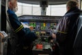 Kyiv, Ukraine - November 25, 2020: Embraer aircraft cockpit. Pilots in medical masks. Technicians diagnose, repair and service the